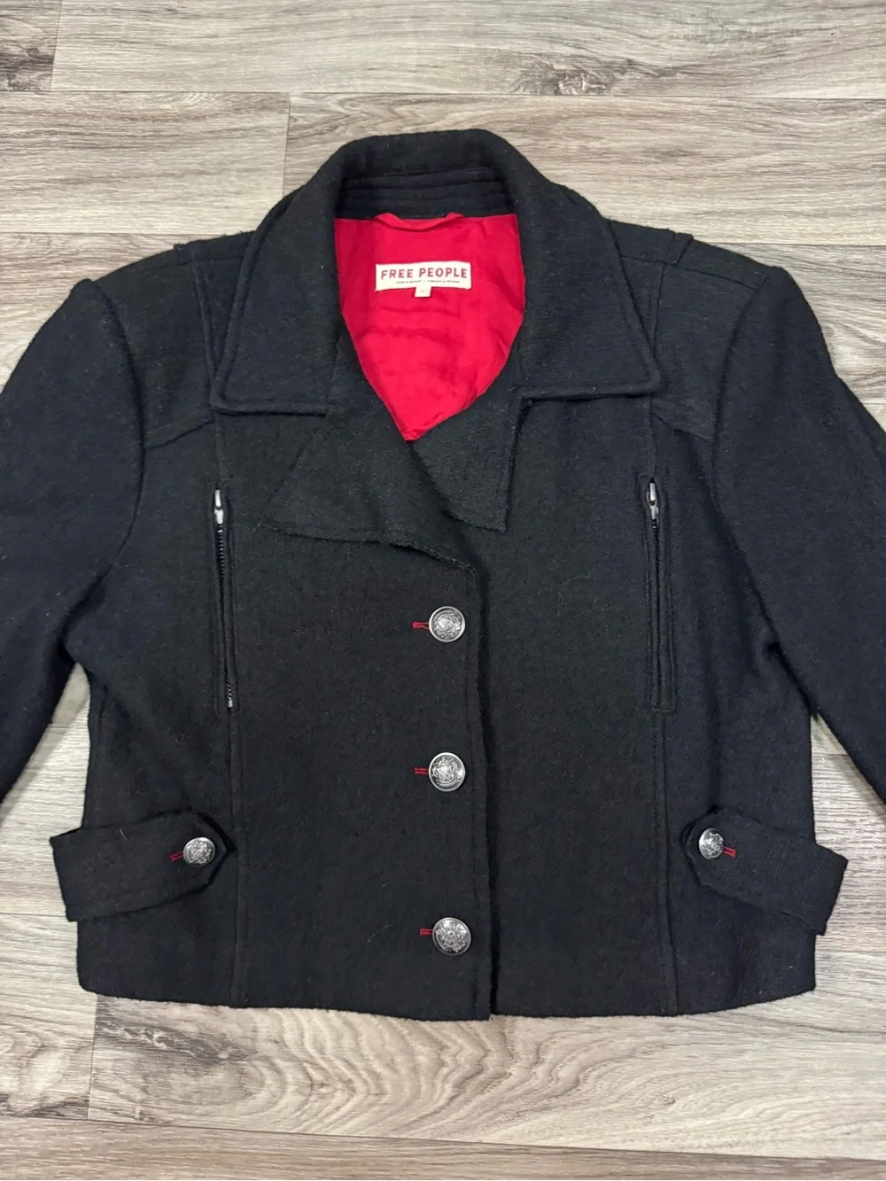 Free People Women's Mimi Crop Military Style Wool Blend Jacket Black Sz Large
